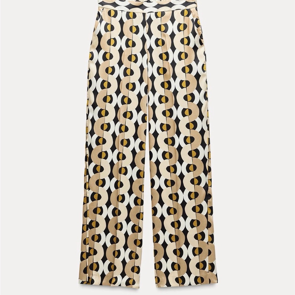 Geometric-Print Wide Leg Pants in Black, ZARA Cream & Tan